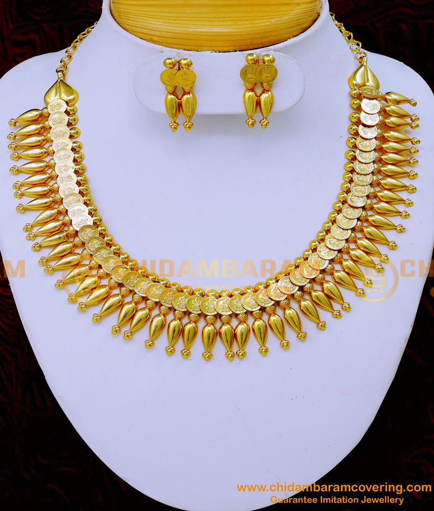 gold necklace designs for wedding, gold necklace designs kerala,one gram gold jewellery, kerala necklace, lakshmi coin necklace, pitchimottu necklace, mullaarumbu necklace, cion necklace, kasulaperu necklace set, 