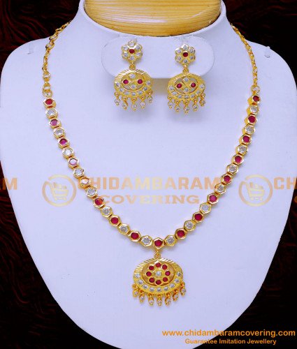 NLC1307 - Traditional White and Ruby Gold Impon Necklace Set for Wedding