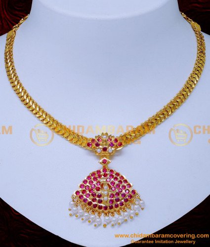 NLC1359 - Five Metal Ruby Stone Impon Pearl Necklace for Wedding