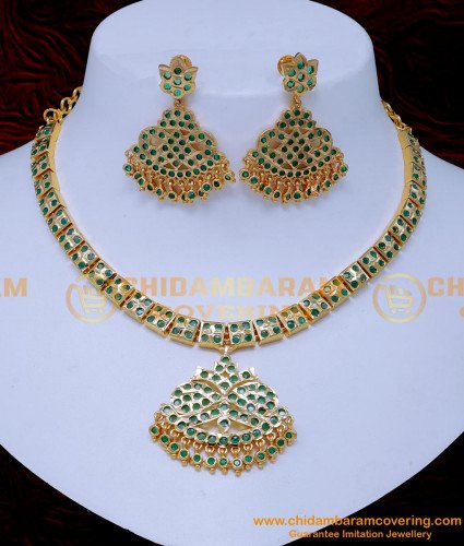 NLC1409 - Bridal Wear Emerald Stone Necklace Impon Jewellery Set