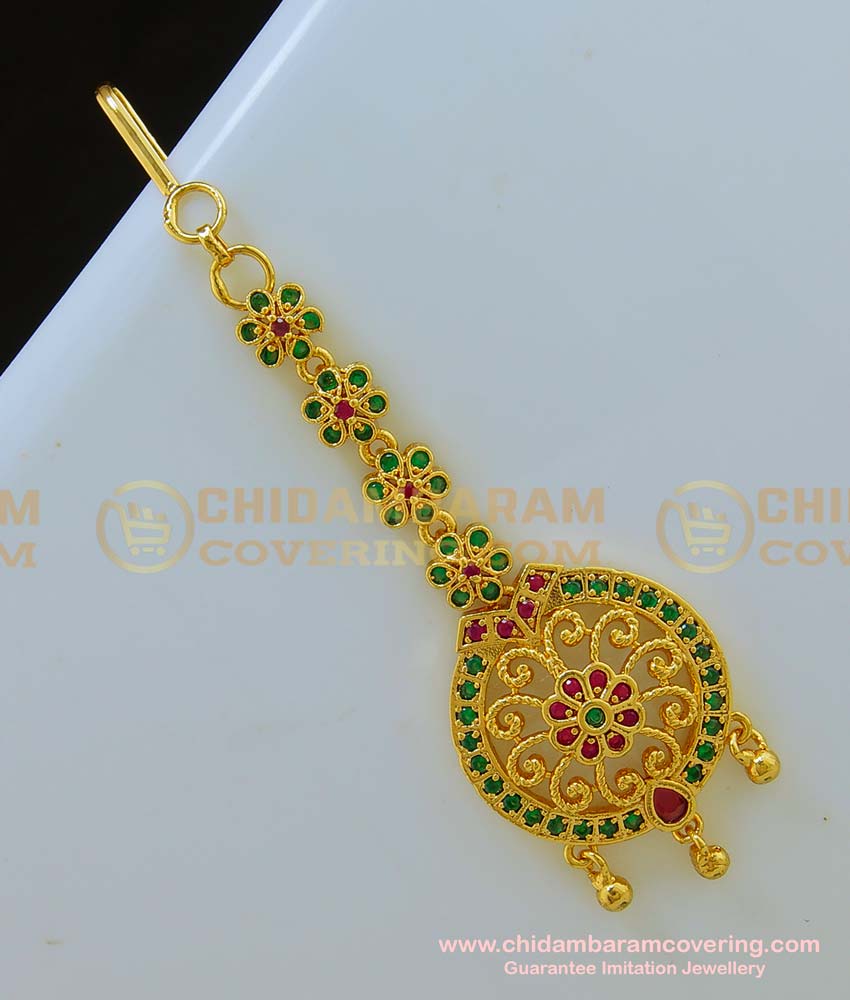 NCT131 - Attractive Gold Plated Emerald Ruby Stone Designer Flower Design Nethi Chutti| Maang Tikka Buy Online