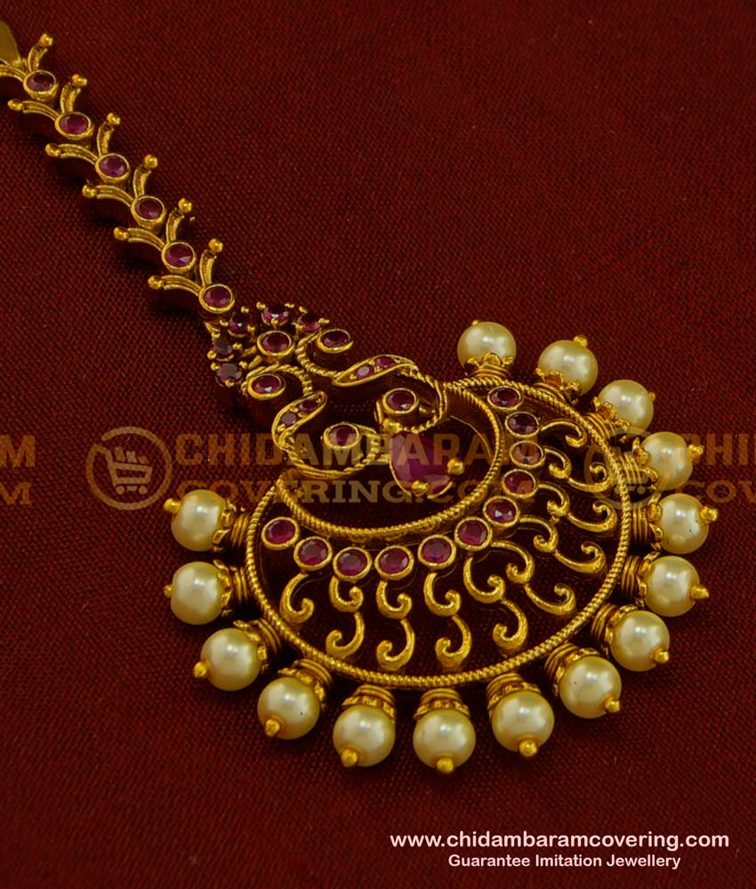 NCT146 - Party Wear Antique Big Round Maang Tikka Pearl Beads Punjabi Maang Tikka Online 
