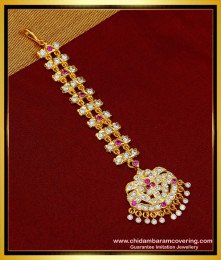 NCT222 - Bridal Wedding Nethi Chutti Gold Design White and Pink Stone 2 Line Impon Maang Tikka Online