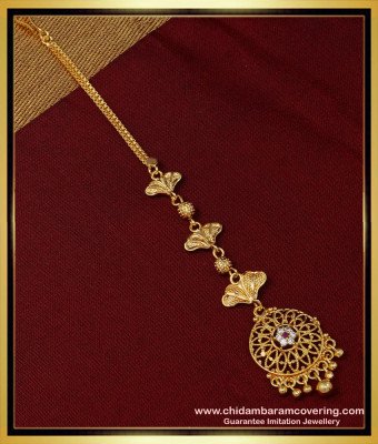 NCT228 - Elegant White and Ruby Stone Maang Tikka Gold Design One Gram Jewellery