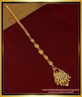 NCT230 - New Ruby Stone Simple Modern Gold Maang Tikka Design for Wedding 