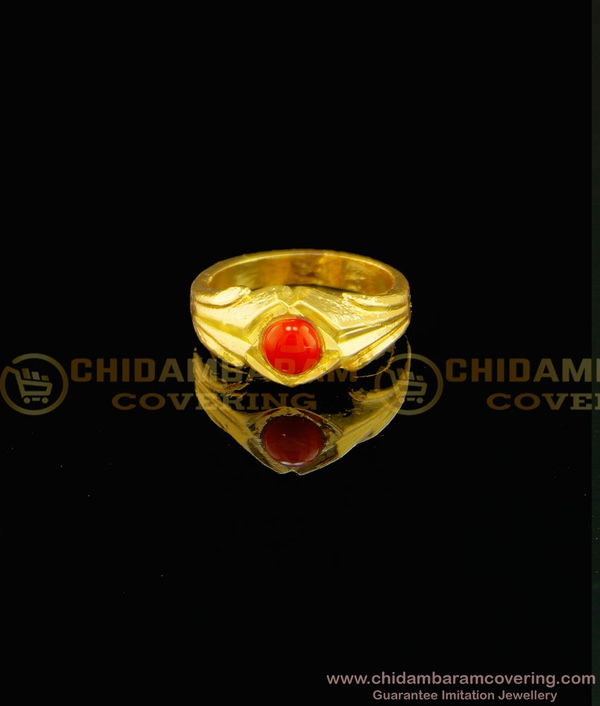 RNG083 - Pure Impon Gold Design Daily Wear Red Coral Ring Design Indian Fashion Jewellery