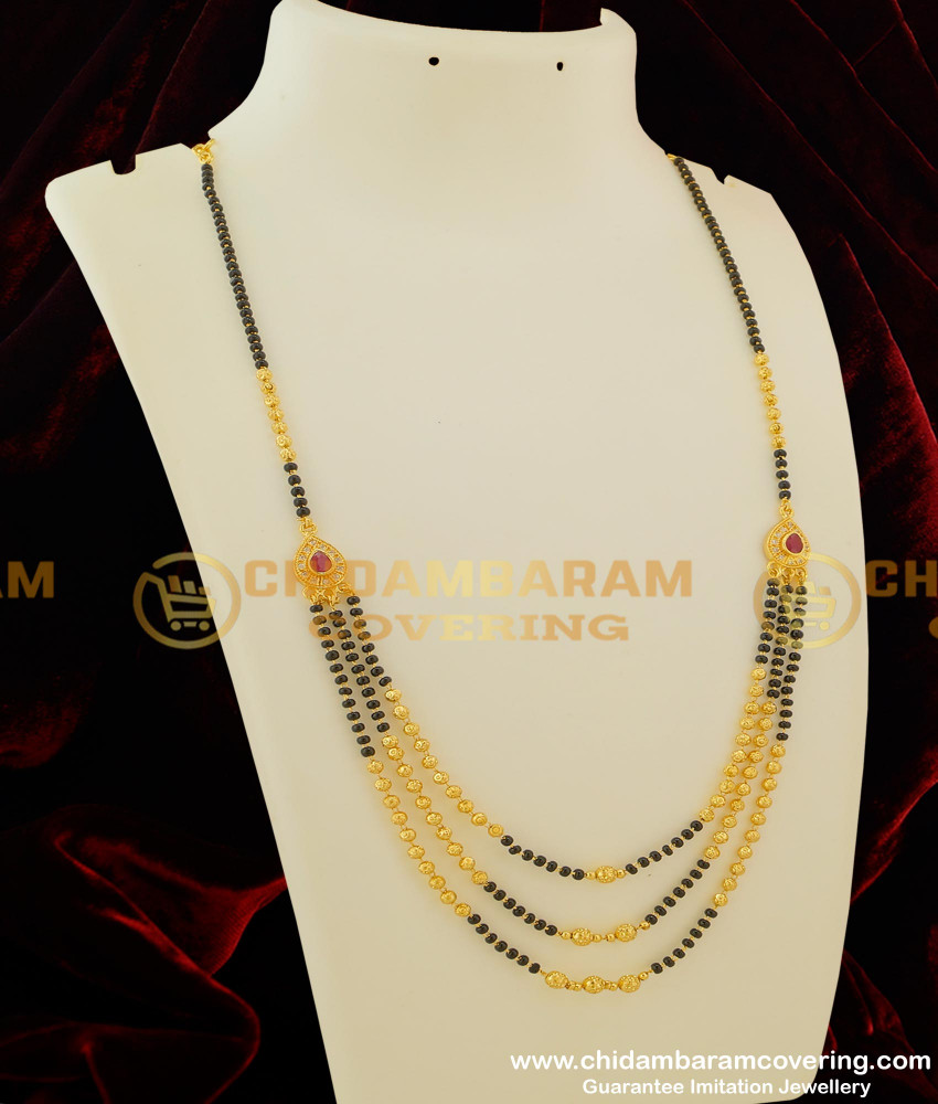 THN17 - Gold Look Black Beads 3 line Necklace / Karimani Mangalsutra Buy Online
