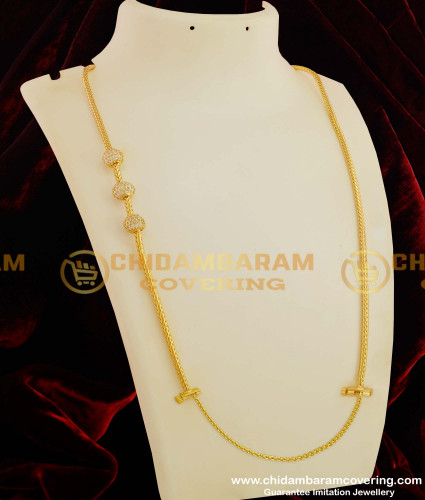 THN26-LG - 30 Inches Long White Stone Balls With Mugappu Chain with Screw Connector Buy Online