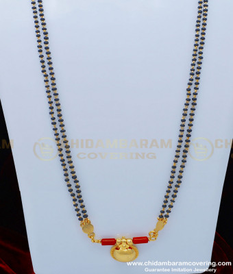 THN43 - One Gram Gold Single Bottu Thali Pustelu with Red Coral Pendant Black Beads Chain Mangalsutra Online